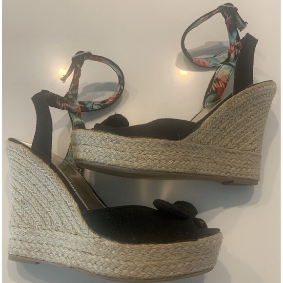 Twisted Black Espadrille Wedge Sandals Sz 7 Boho Buckle Strappy High Heels Flora - Picture 1 of 7